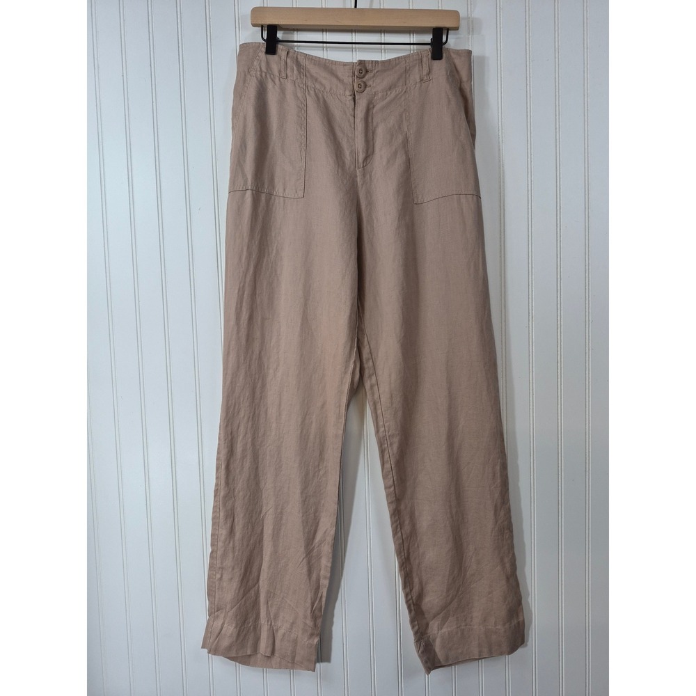 Tahari 100% Linen Wide Leg Pants Tan Khaki High Rise Trousers 34x31 Womens 10